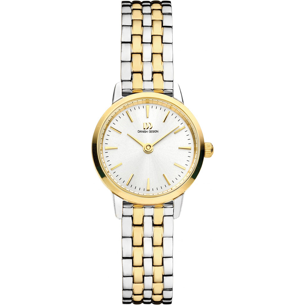 Orologio con cassa dorata e bracciale in acciaio bicolore, quadrante bianco con indici dorati.