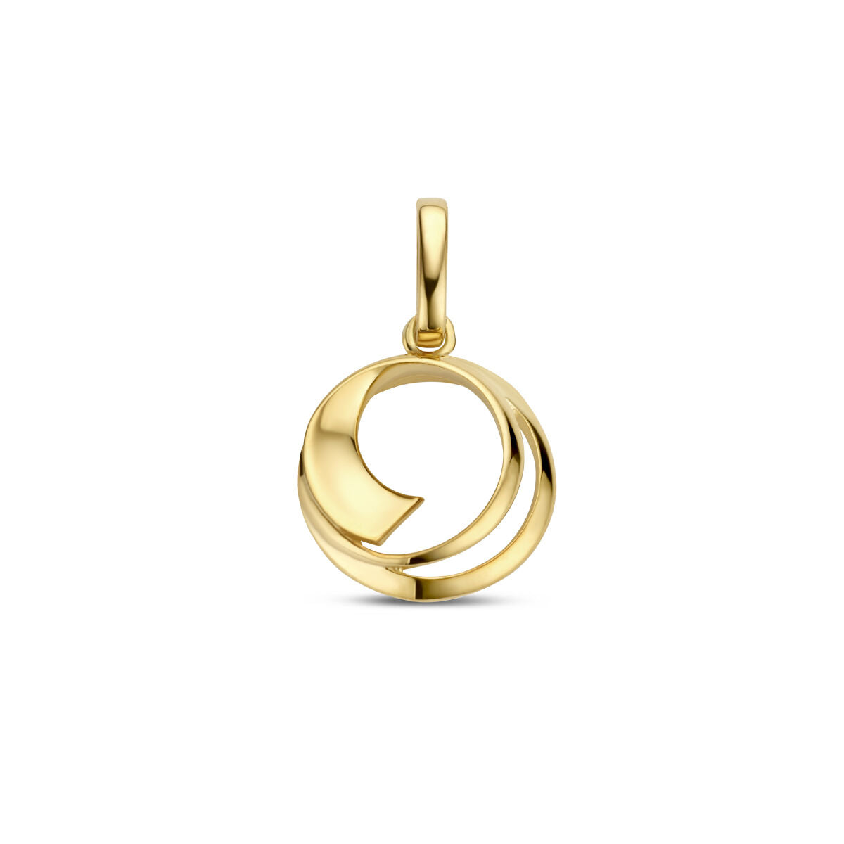 Ciondolo rotondo in oro giallo 14K con design intrecciato e finitura lucida.