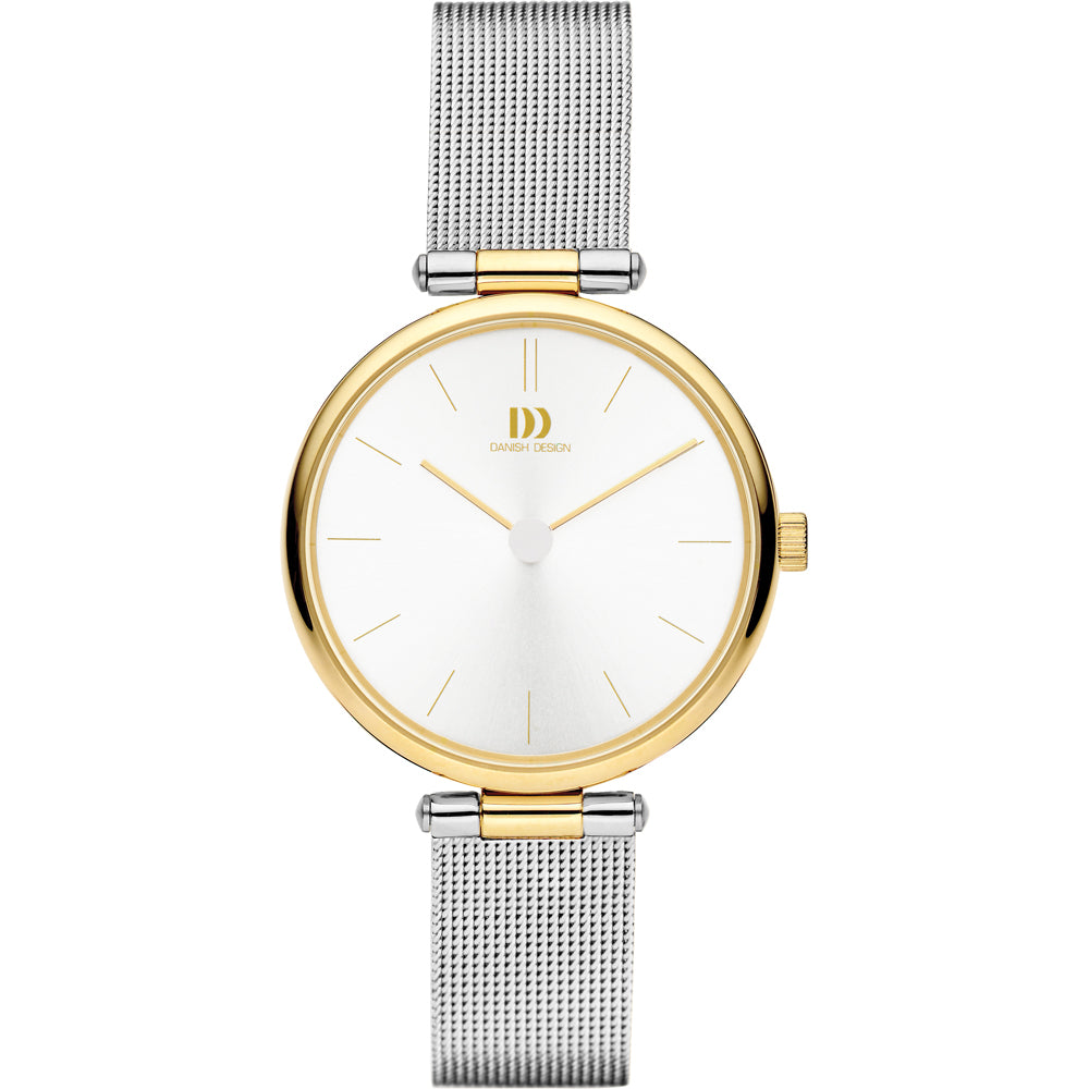 Orologio con cassa dorata e quadrante bianco, cinturino in maglia d'acciaio argentato.