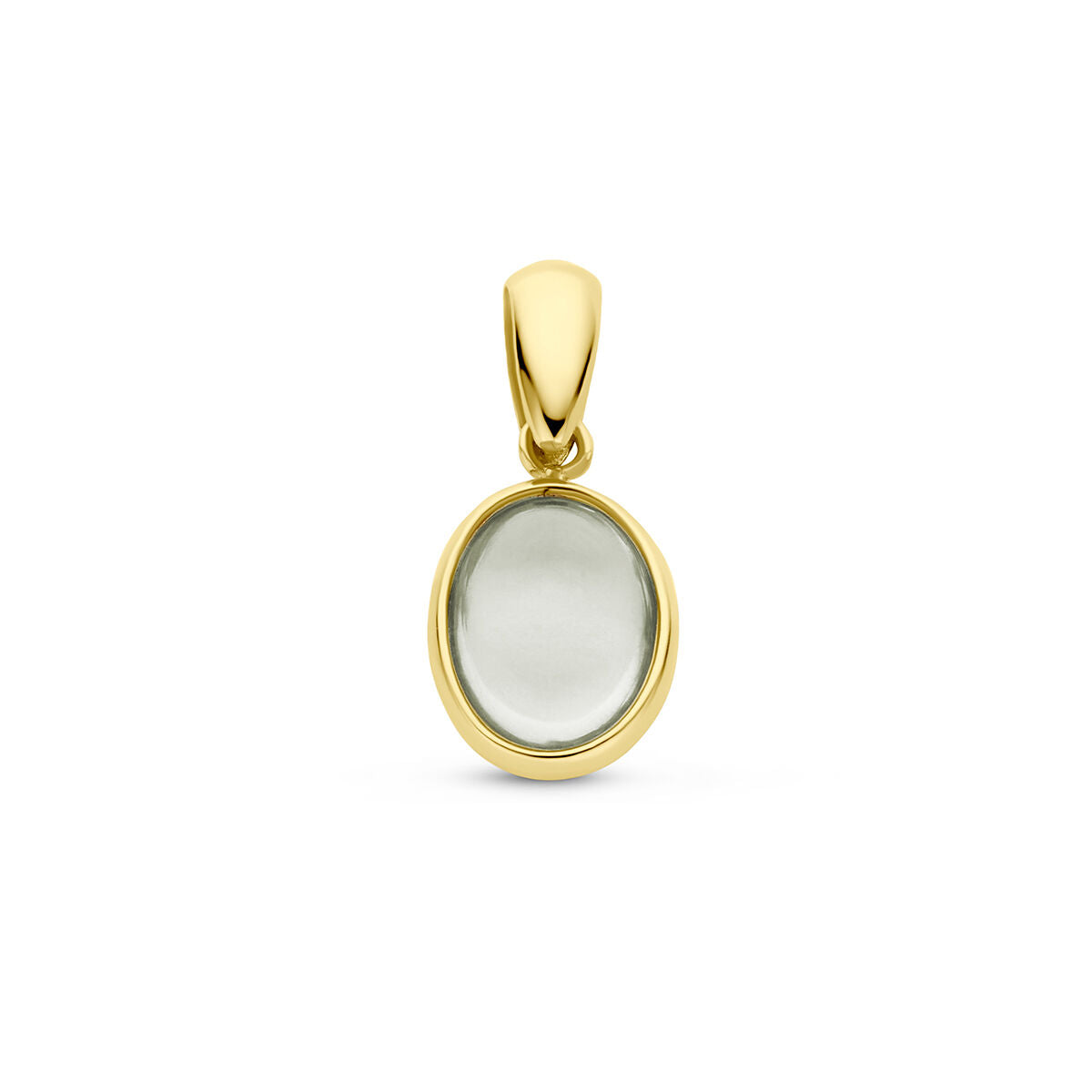 Ciondolo in oro giallo 14K con ametista verde, forma ovale e finitura lucida.