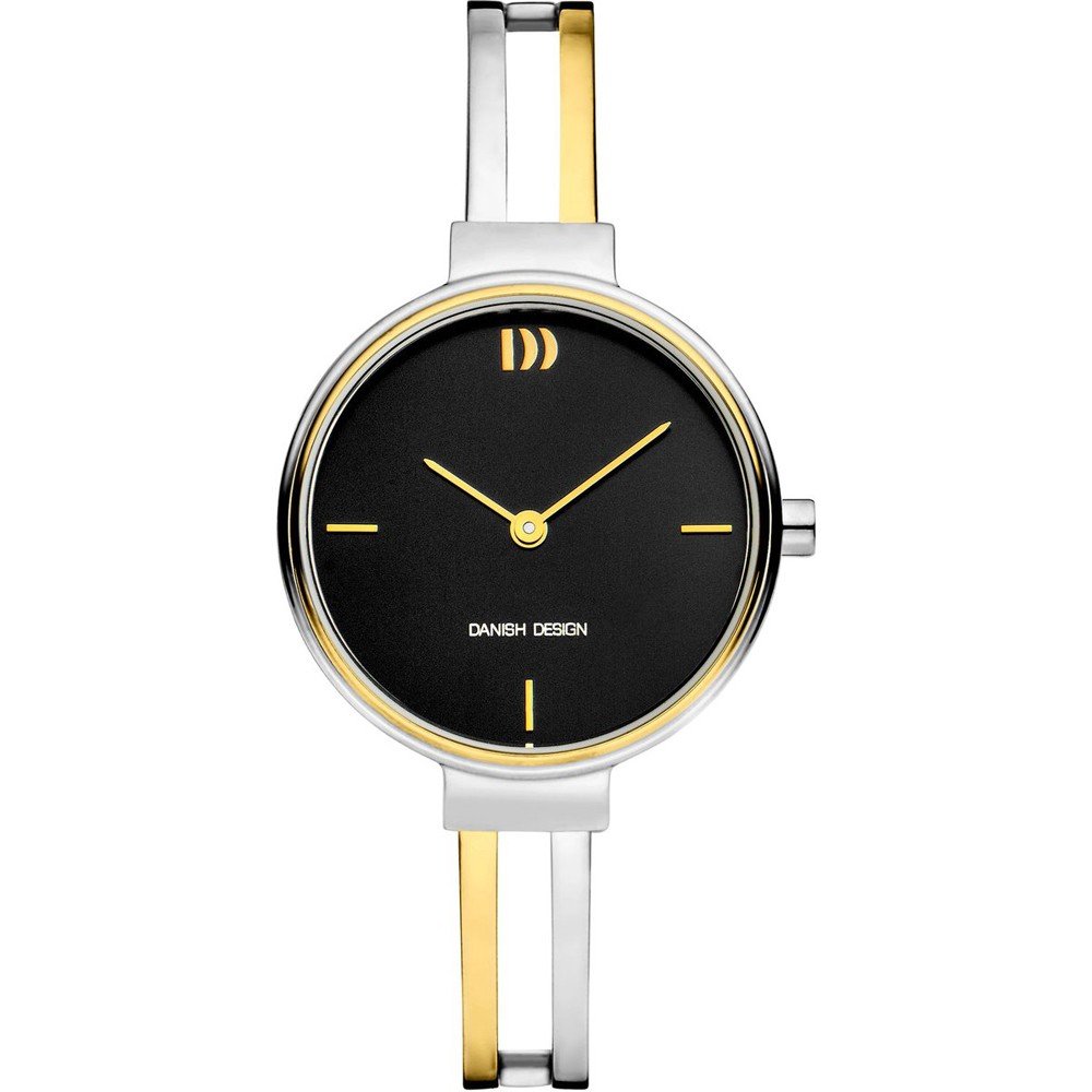 Orologio con quadrante nero, cassa in acciaio inox argentato e dettagli dorati, cinturino bicolore.