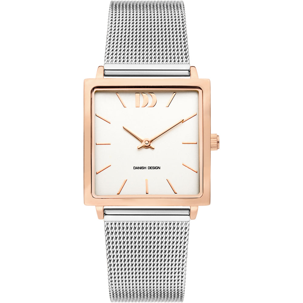 Orologio quadrato con cassa dorata e cinturino in maglia d'acciaio argentato, quadrante bianco.