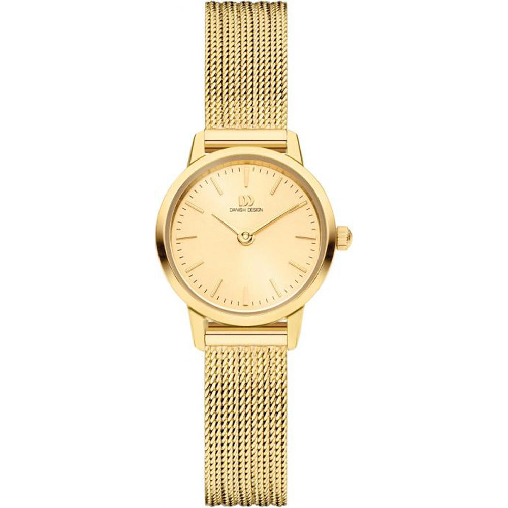 Orologio dorato con cinturino a maglia, quadrante semplice e cassa rotonda.
