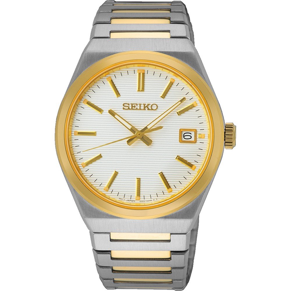 Orologio da uomo Seiko con cassa in acciaio inox argentato e dettagli dorati, quadrante bianco e datario.