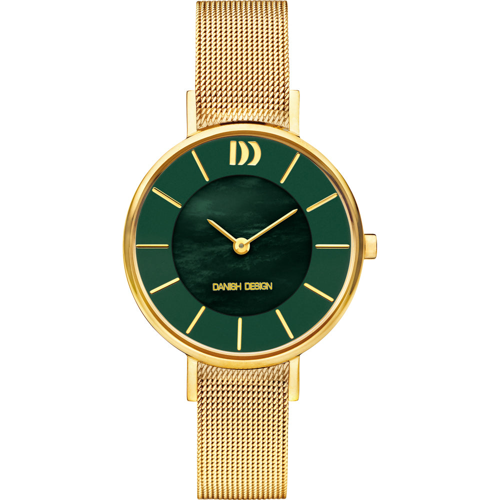 Orologio con cassa dorata, quadrante verde e cinturino in maglia rolò dorata.