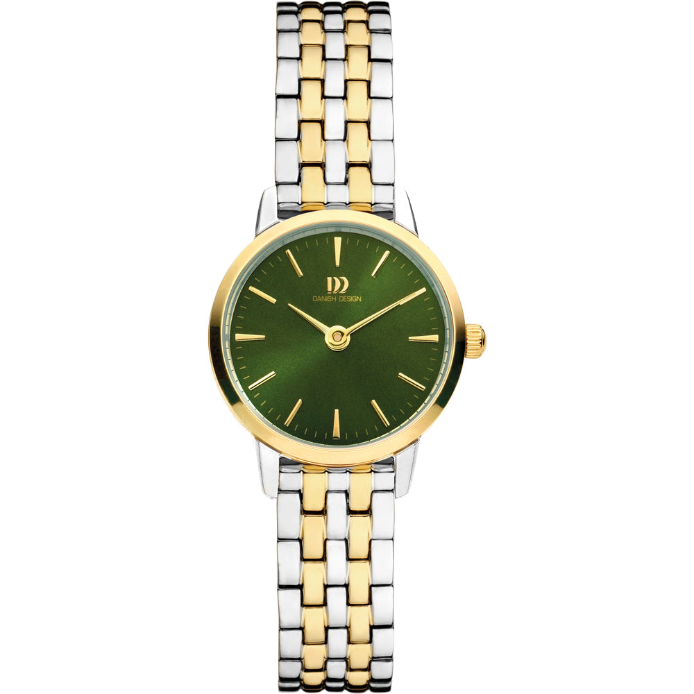 Orologio da donna con quadrante verde, cassa dorata e bracciale bicolore in acciaio.
