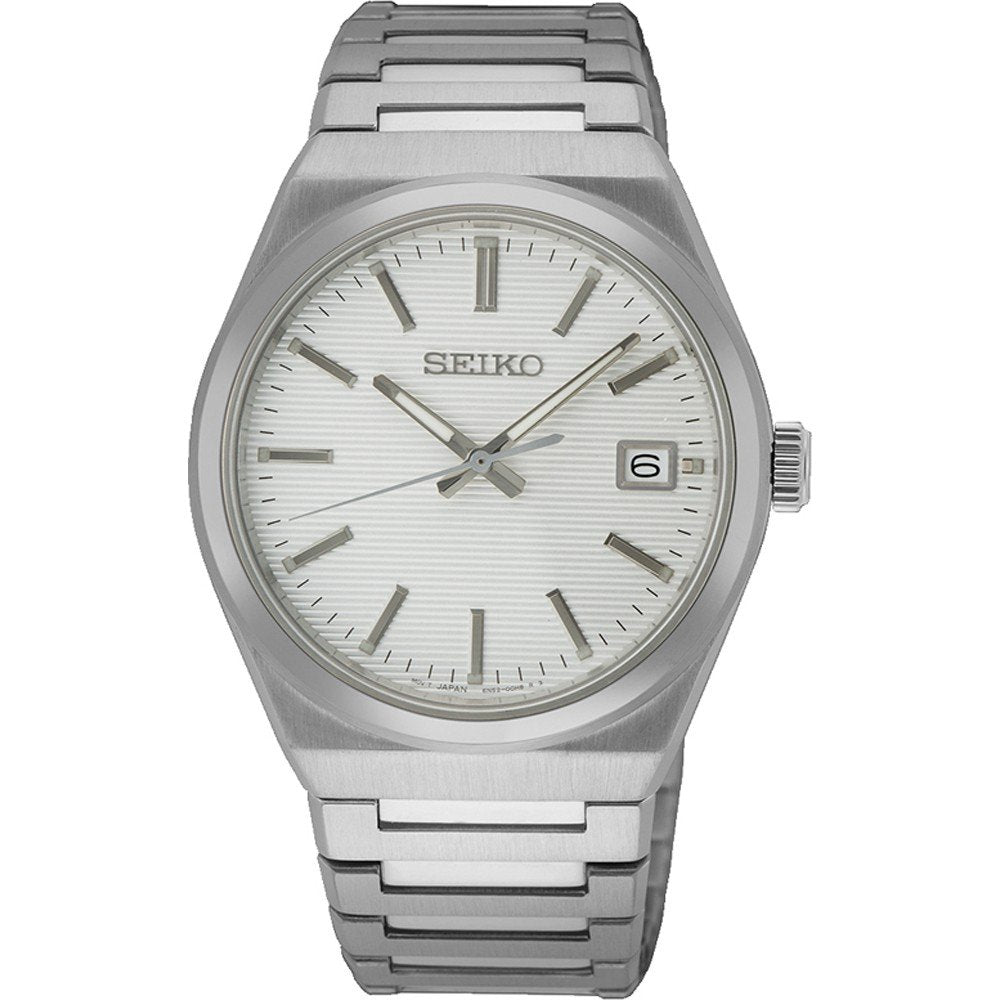 Orologio da uomo Seiko con cassa argentata, quadrante bianco e bracciale in acciaio inox.