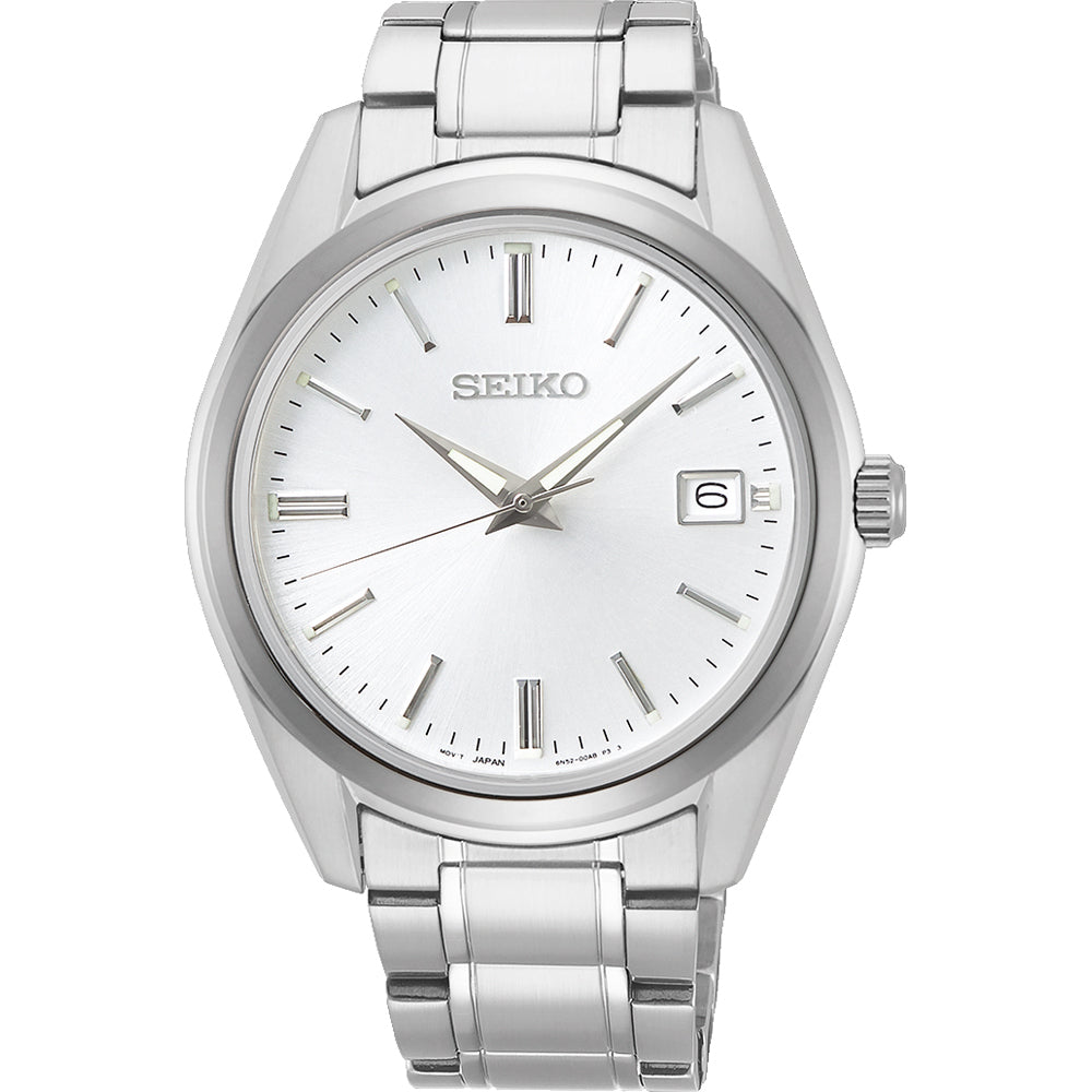 Orologio da uomo Seiko con cassa e bracciale in acciaio inox, quadrante bianco e datario.
