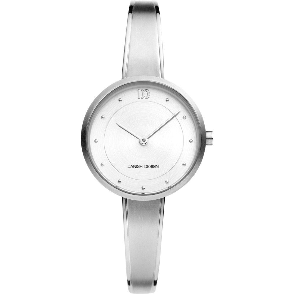 Orologio da donna con quadrante argentato, cassa rotonda in acciaio e cinturino sottile.