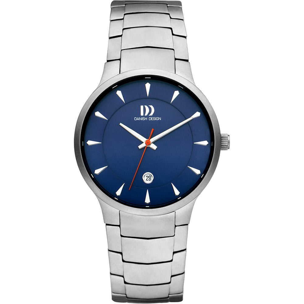Orologio con cassa in acciaio inox, quadrante blu e bracciale in acciaio lucido.