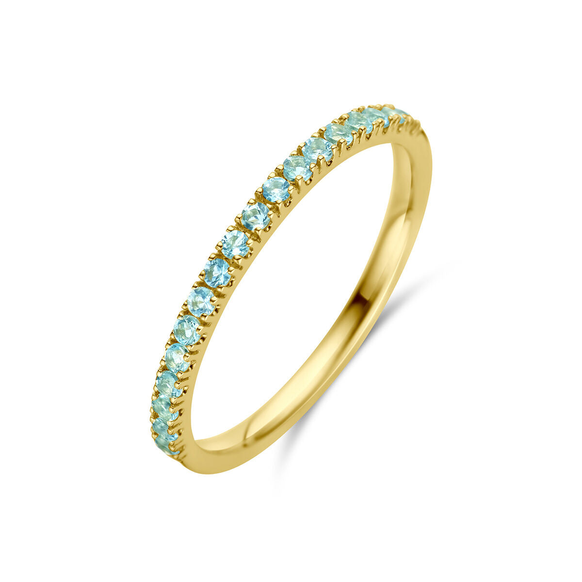 anello in oro giallo 14K con pietre di nascita acquamarina di marzo, decorato con gemme azzurre.