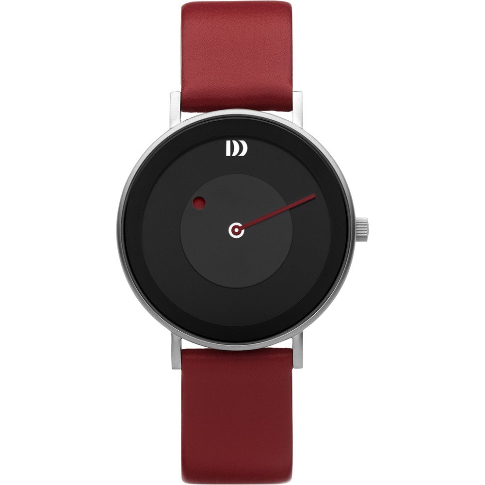Orologio con quadrante nero, cassa argentata e cinturino in pelle rossa.