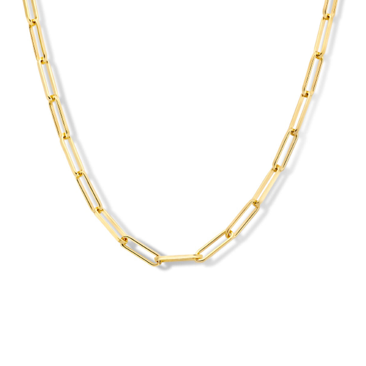 Zilveren vergulde ketting met paperclip schakels en vierkante buizen in geel.