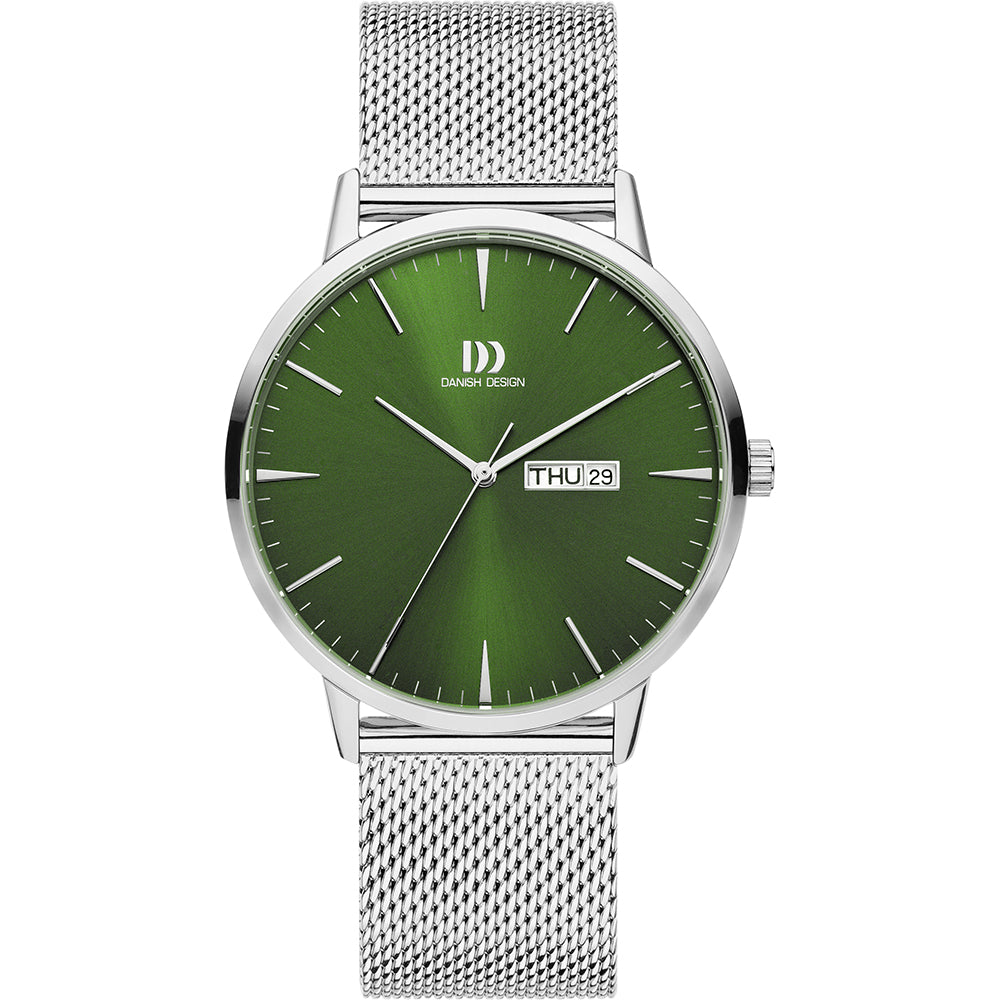 Orologio con quadrante verde, cassa argentata e cinturino in maglia rolò.