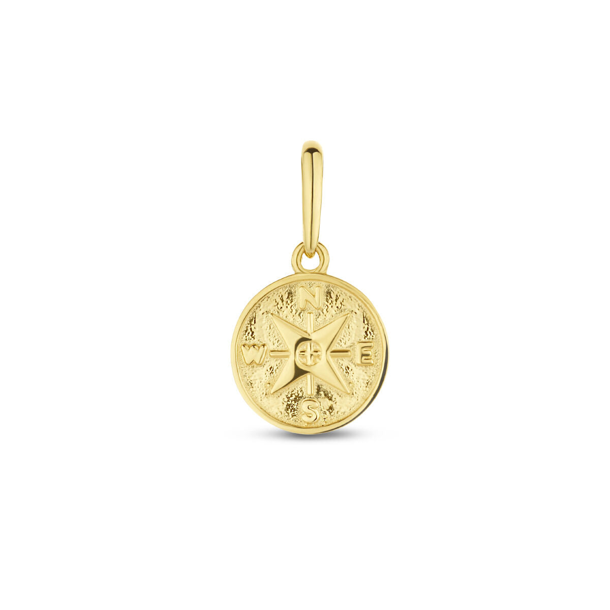 Ciondolo a forma di compasso in oro giallo 14K con dettagli incisi.