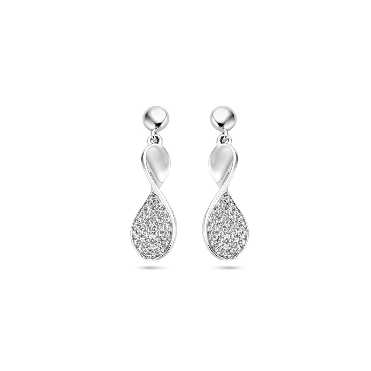 Orecchini in argento rodiato con zircone, a forma di goccia con dettagli brillanti.
