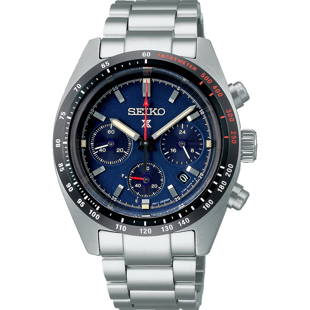 Heren horloge van staal met een blauwe wijzerplaat, chronograaffunctie en zwarte lunette.