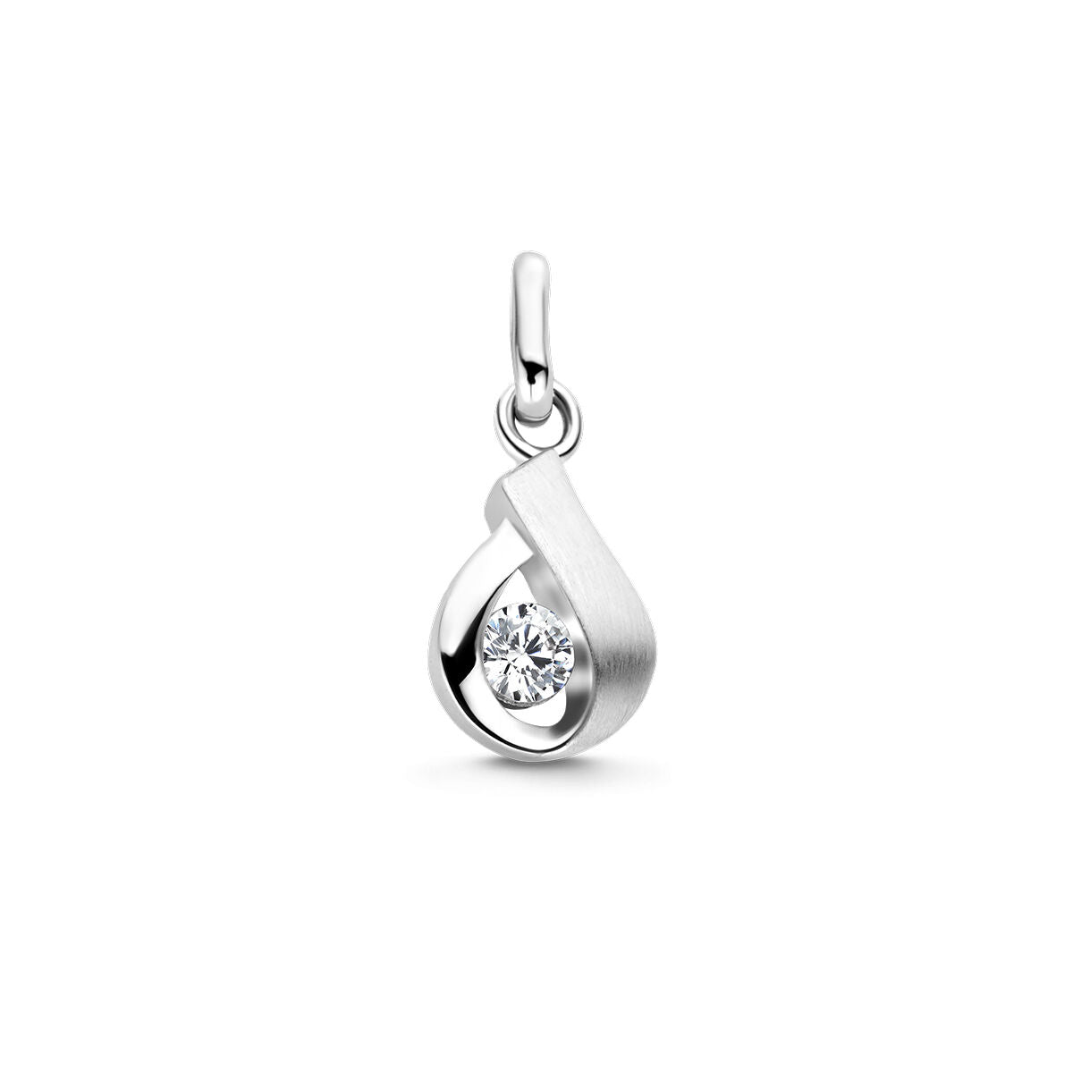 Ciondolo in argento rodiato con finitura opaca e lucida, decorato con zircone.