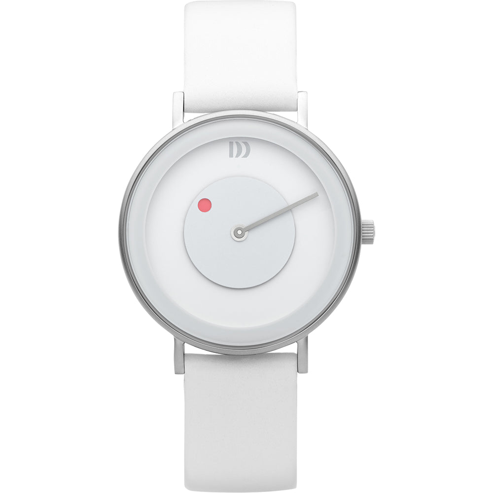Orologio con cassa argentata, quadrante bianco e cinturino in silicone bianco.