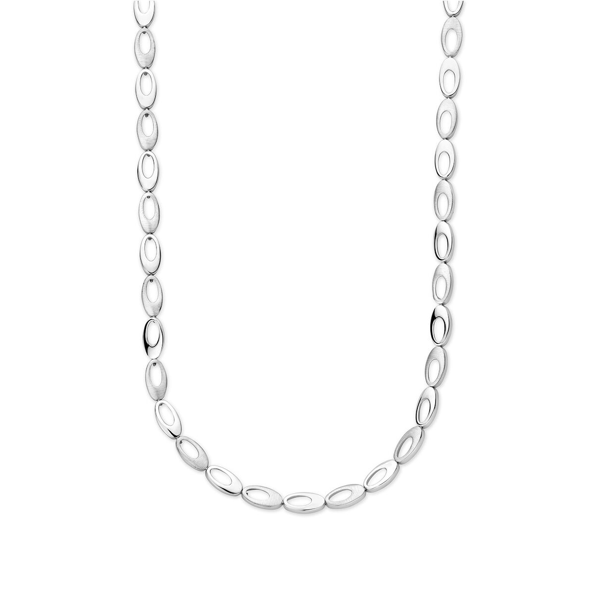 Collana in argento rodiato con maglie ovali lucide e opache, larghezza 7,0 mm, lunghezza 45 cm.