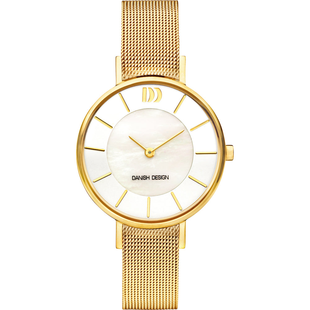 Orologio con cassa dorata, quadrante bianco madreperla e cinturino in maglia dorata.