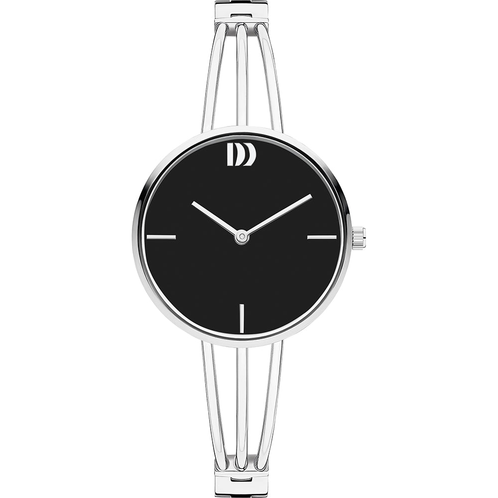 Orologio con quadrante nero, cassa argentata e cinturino a maglia rolò.