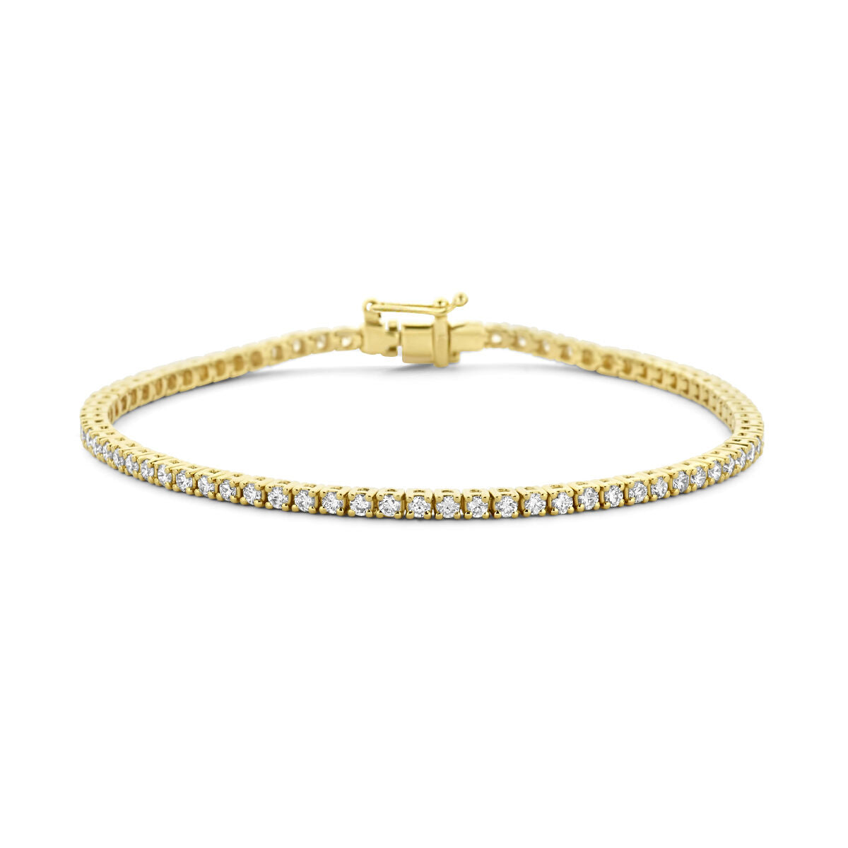 Bracciale tennis in oro giallo 14K con diamanti H SI da 2.00 ct, larghezza 2,3 mm, lunghezza 17,5 cm.