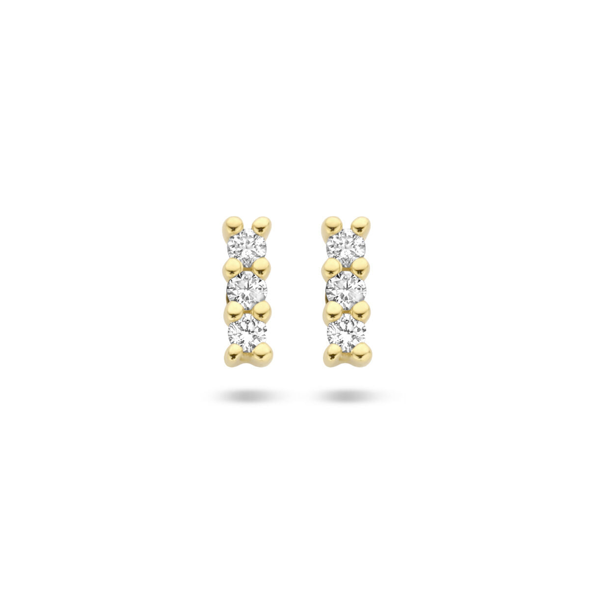 Orecchini in oro giallo 14K con diamanti da 0,05 ct (2x 0,025 ct) disposti in fila.