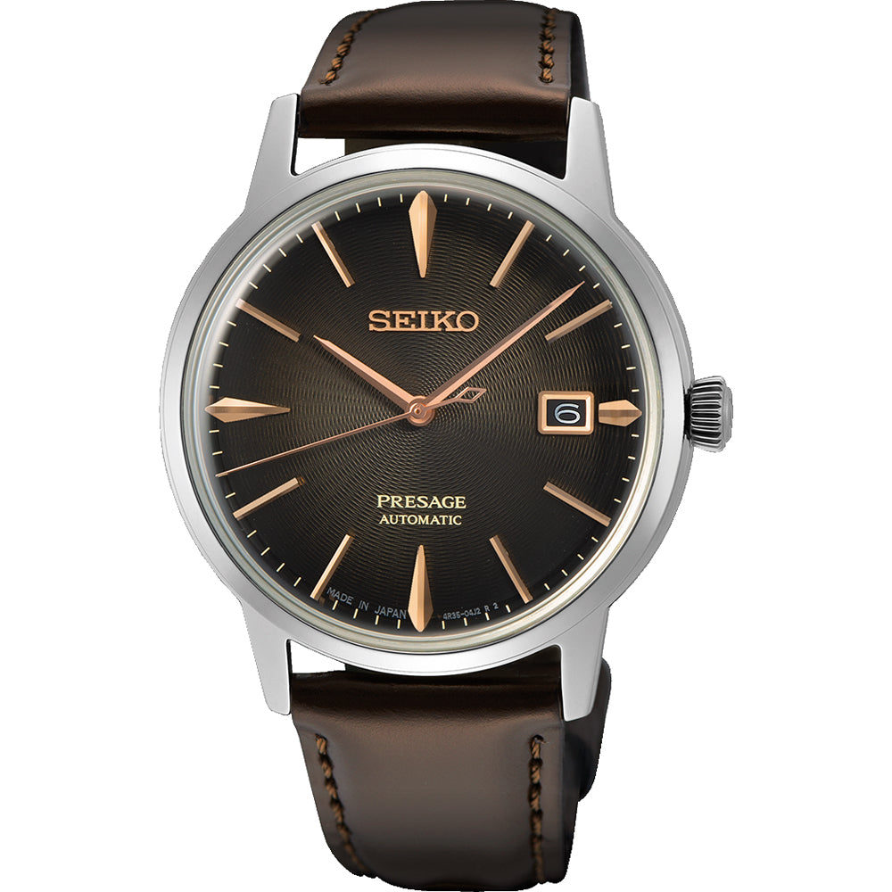 Orologio da uomo Seiko Presage con quadrante marrone, cassa in acciaio inox e cinturino in pelle marrone.