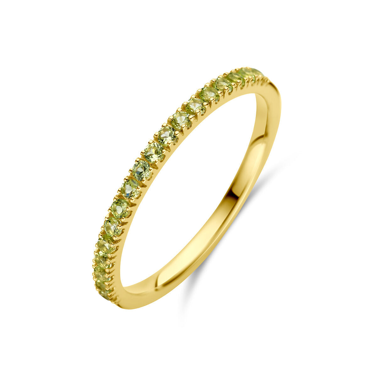 Anello in oro giallo 14K con pietre di nascita peridoto di agosto, design sottile e brillante.