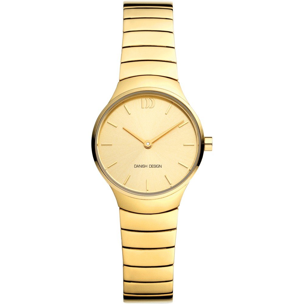 Orologio dorato con quadrante beige e cinturino a maglia rolò.
