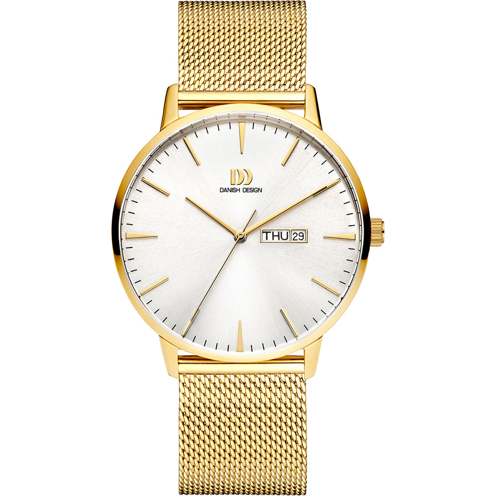 Orologio con cassa dorata, quadrante argentato e cinturino in maglia rolò dorata.