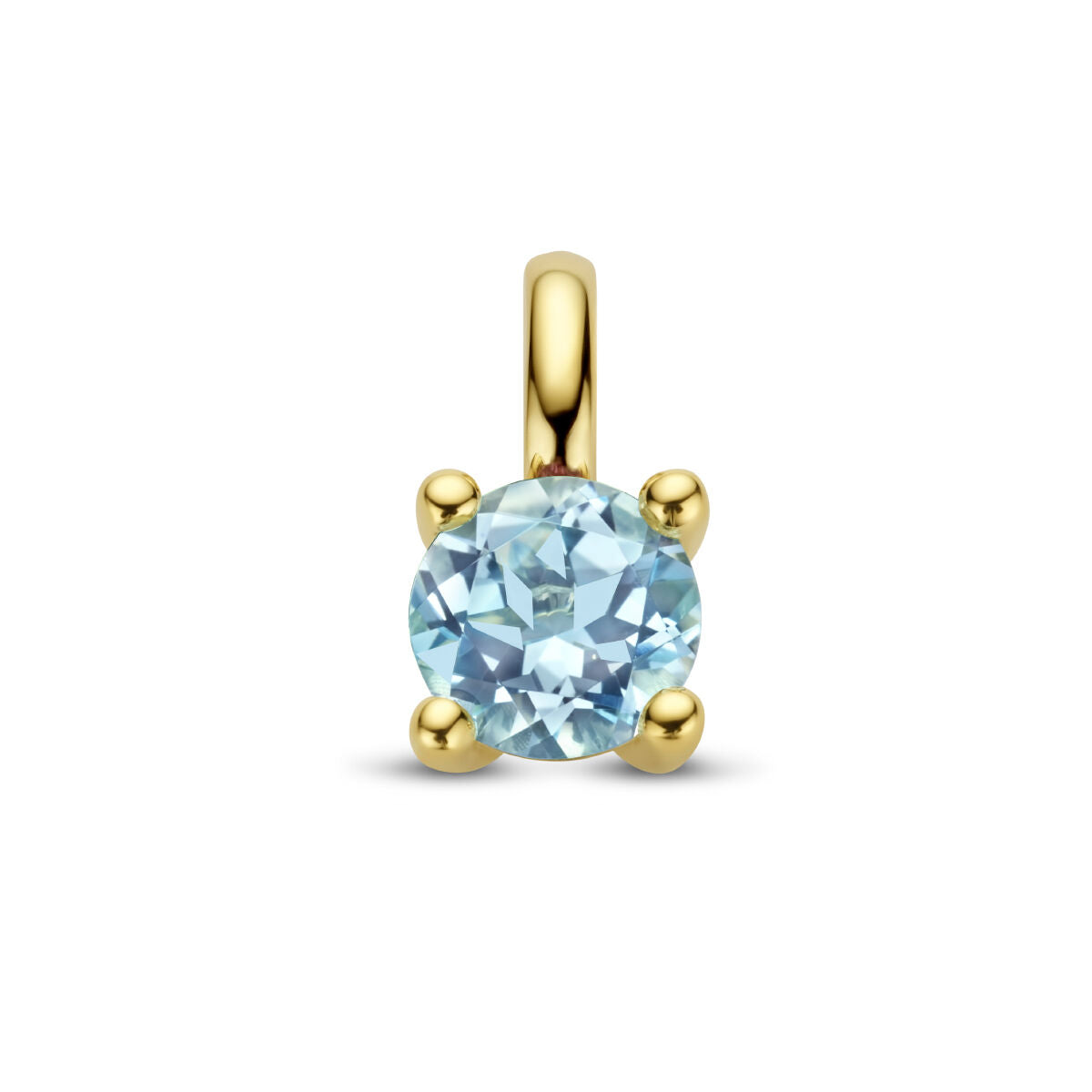 Ciondolo in oro giallo 14K con topazio blu rotondo.