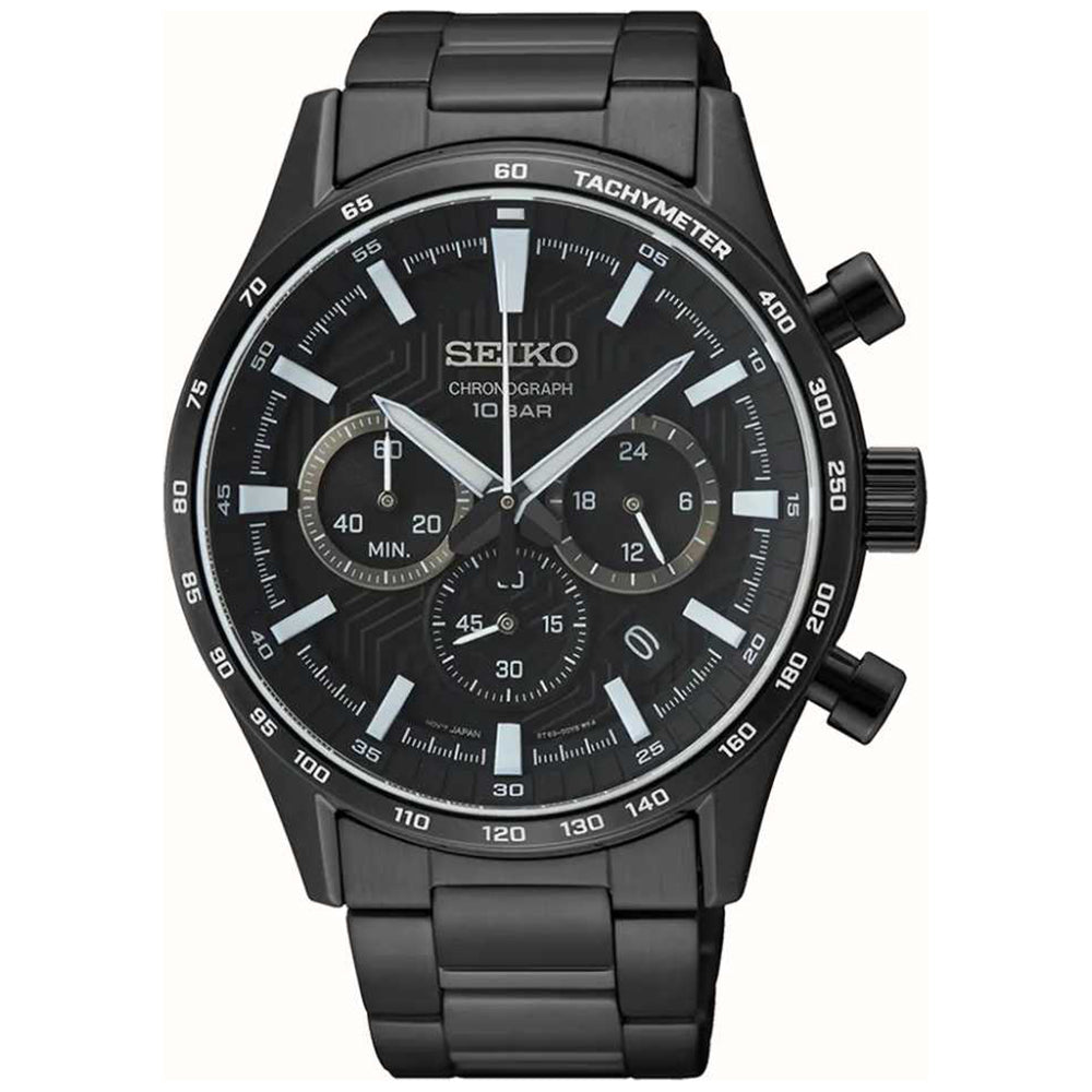 Orologio da uomo Seiko SSB415P1 con cassa nera, quadrante con motivo, cronografo e bracciale in acciaio.