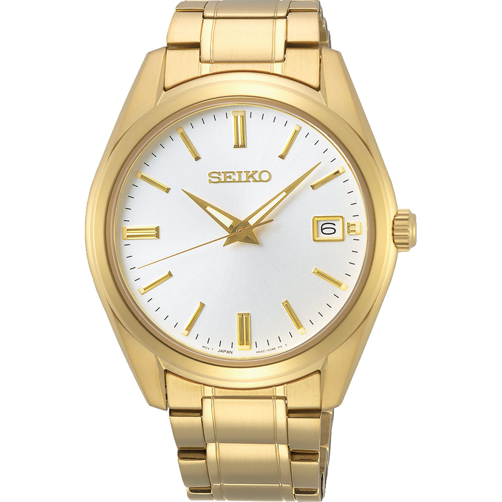 Orologio da uomo Seiko con cassa e bracciale dorati, quadrante bianco e datario.
