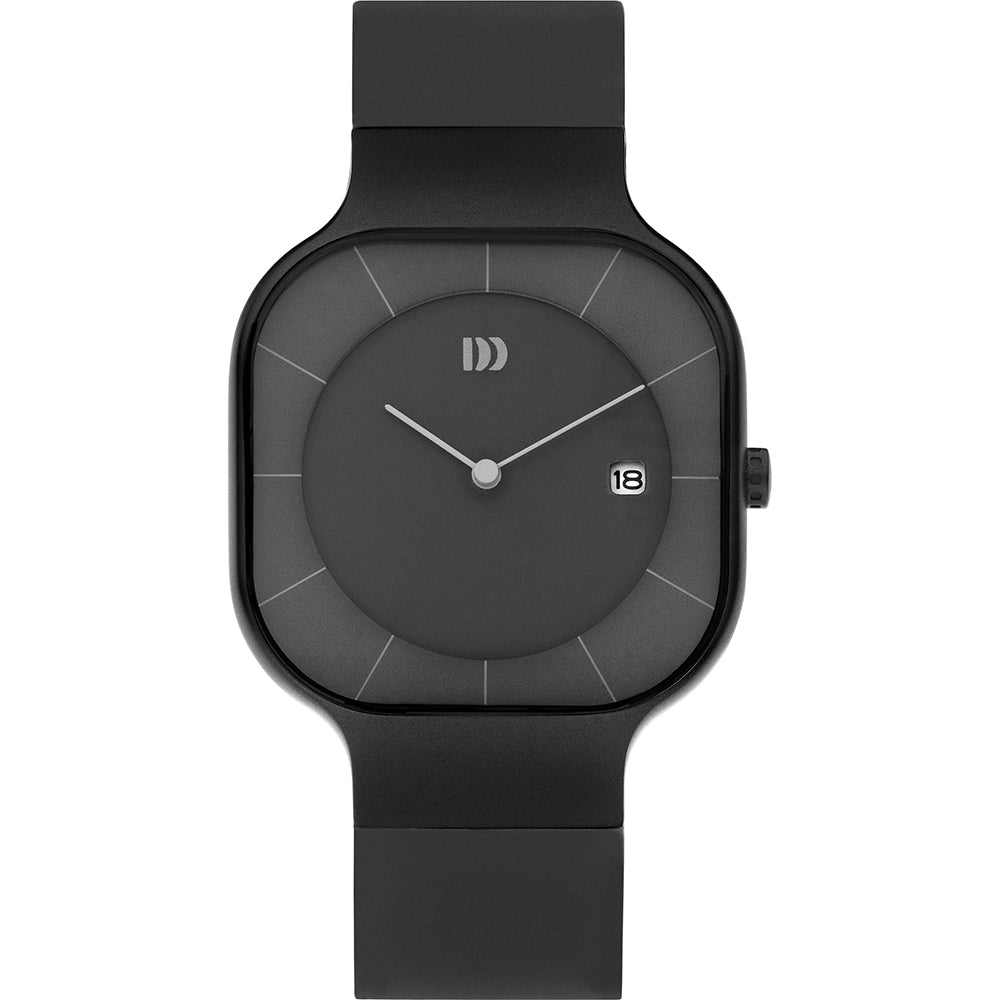 Orologio quadrato con cassa nera, quadrante grigio scuro e cinturino in silicone nero.