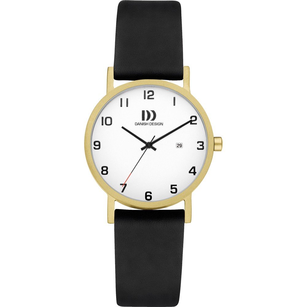 Orologio con cassa dorata, quadrante bianco, cinturino nero in pelle e lancetta rossa.