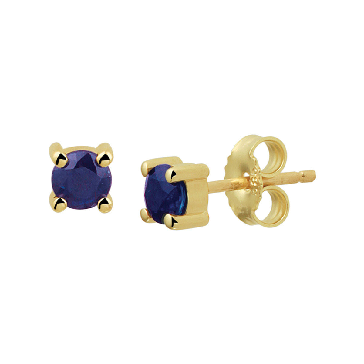 Orecchini in oro giallo 14K con zaffiro blu, di forma rotonda e montatura a quattro griffe.