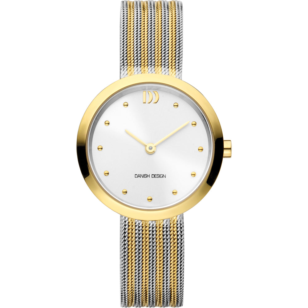 Orologio con cassa dorata, quadrante bianco e cinturino in maglia rolò bicolore.