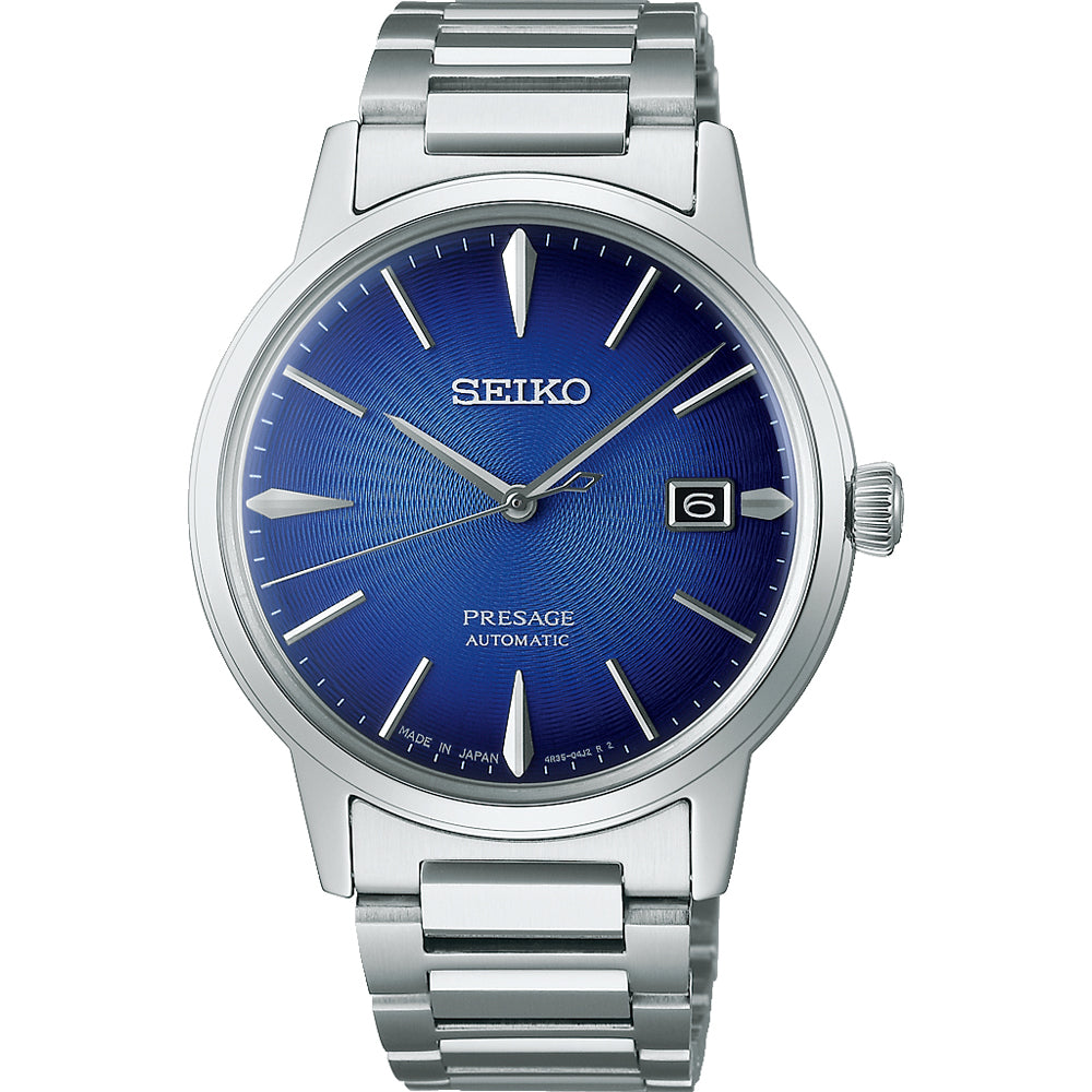 Orologio da uomo Seiko Presage con quadrante blu, cassa in acciaio inox e bracciale a maglia rolò.