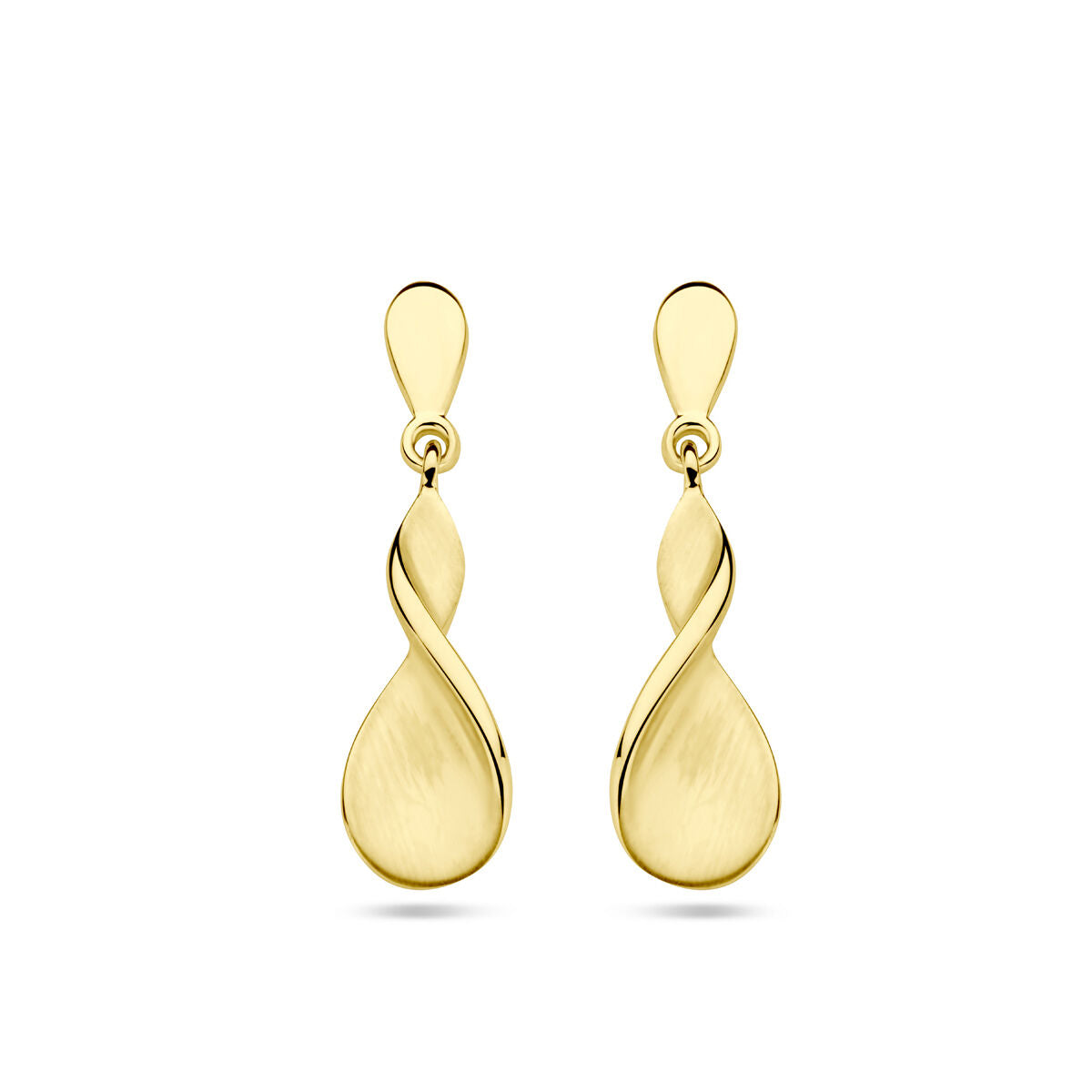 Orecchini in oro giallo 14K con finitura lucida e opaca, a forma di goccia stilizzata.