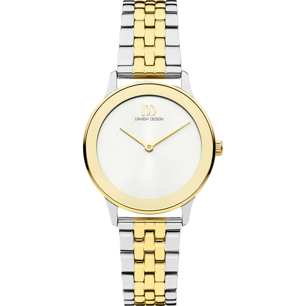 Orologio con cassa argentata e dorata, quadrante bianco e bracciale in acciaio bicolore.