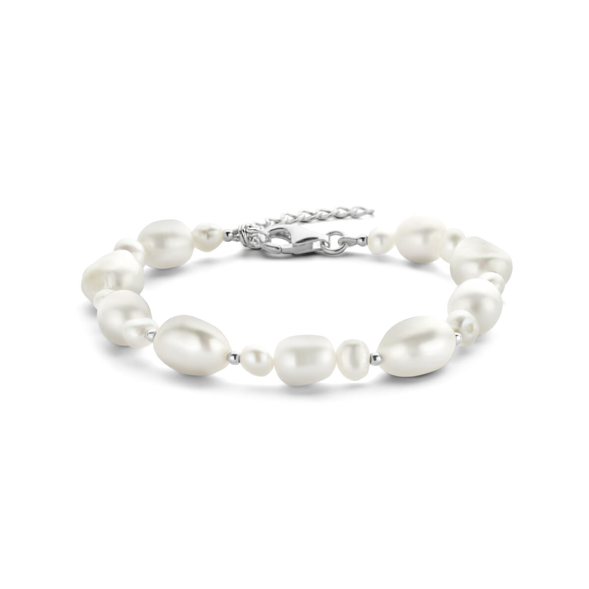 Bracciale da donna in argento rodiato con perle bianche di diverse forme.