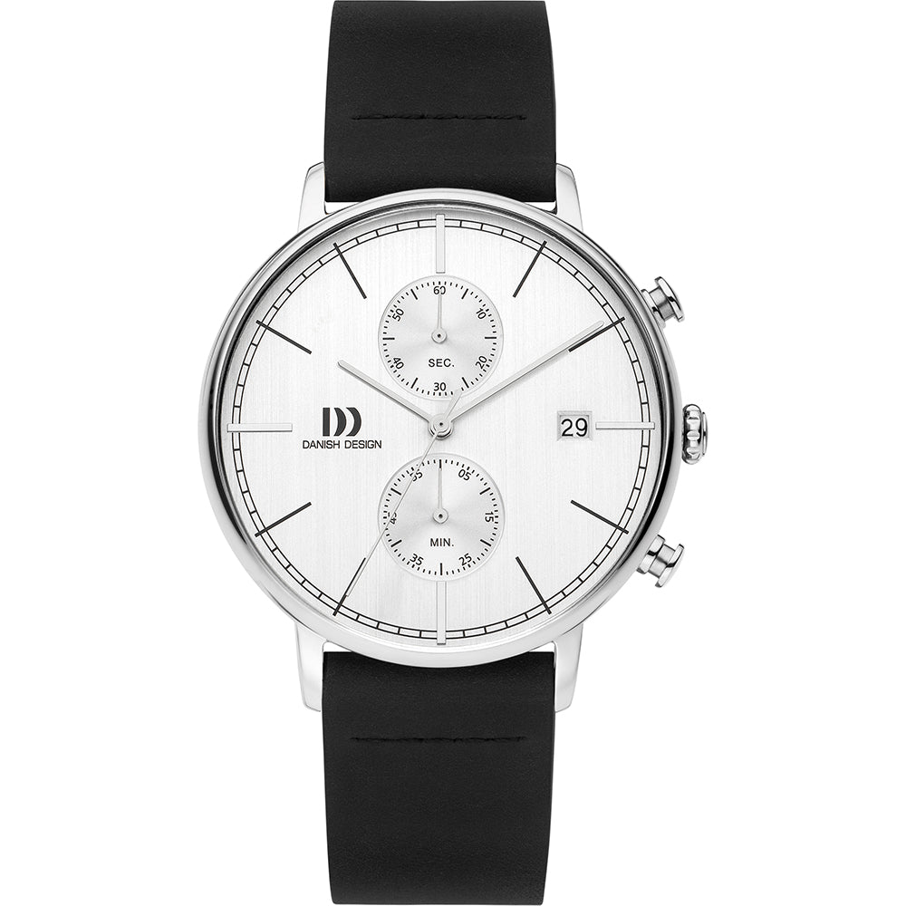 Orologio con cassa argentata, quadrante bianco e cinturino in silicone nero.