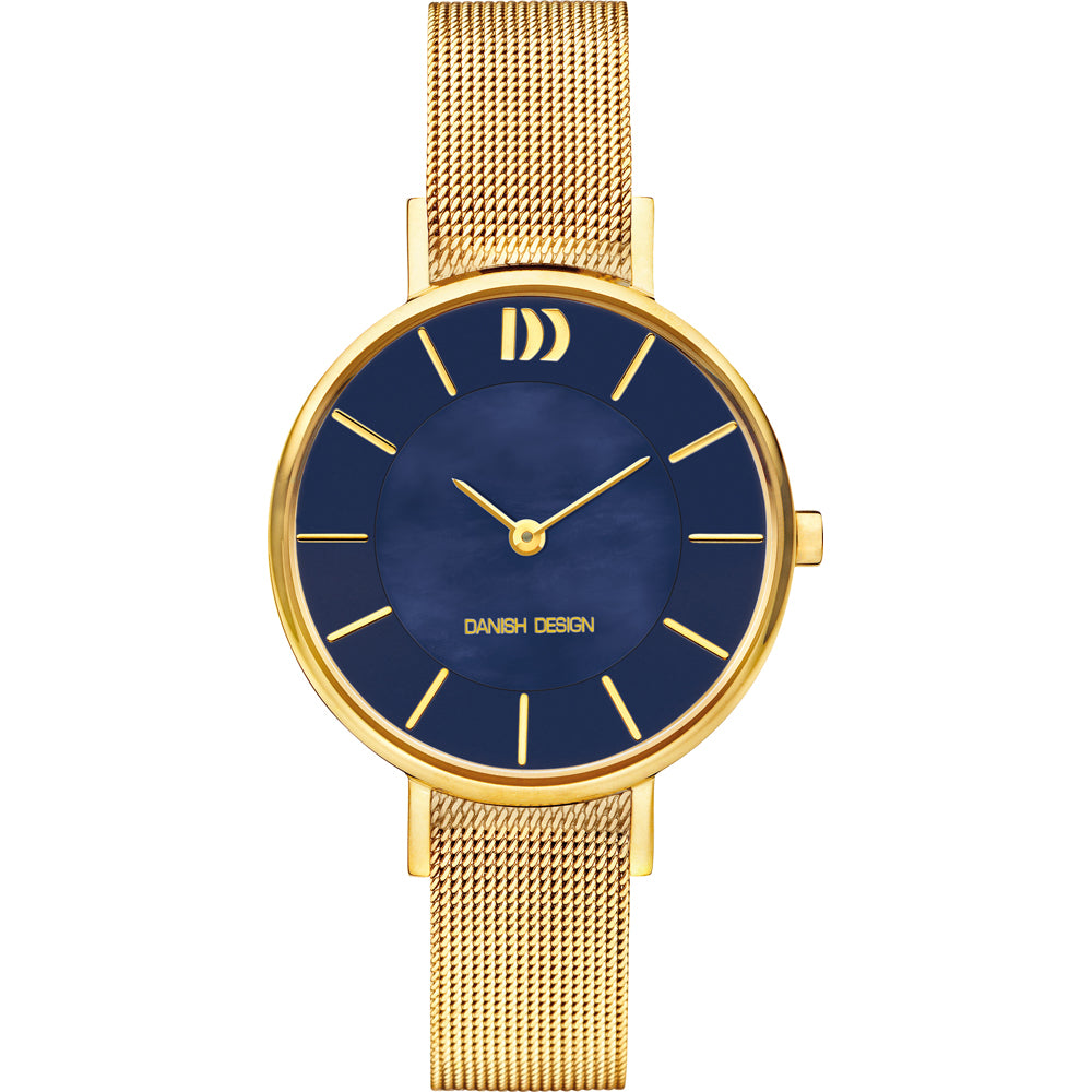 Orologio con cassa dorata, quadrante blu e cinturino in maglia rolò dorata.