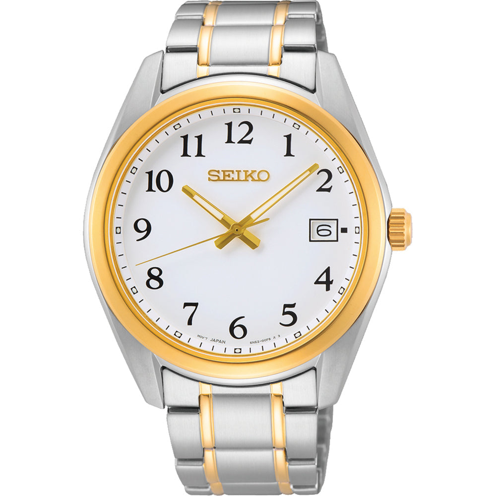 Orologio da uomo Seiko con cassa argentata e dettagli dorati, quadrante bianco e bracciale in acciaio.