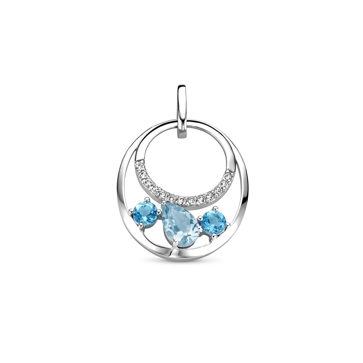 Ciondolo in argento rodiato con topazi blu e dettagli in zirconia.