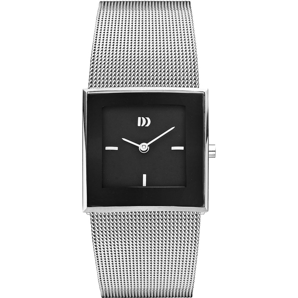 Orologio quadrato con cassa argentata, quadrante nero e cinturino in maglia rolò.