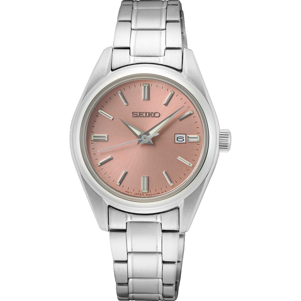 Orologio da donna Seiko con cassa argentata, quadrante rosa e bracciale in acciaio inox.