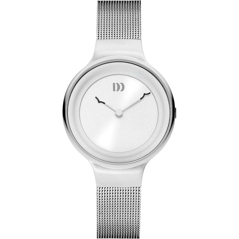 Orologio con cassa argentata, quadrante bianco e cinturino in maglia metallica.